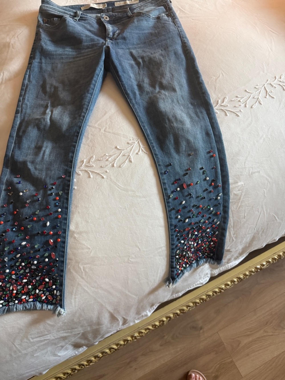 Maeve Blue Cropped Jeans with Multicolor Bead Embellishment